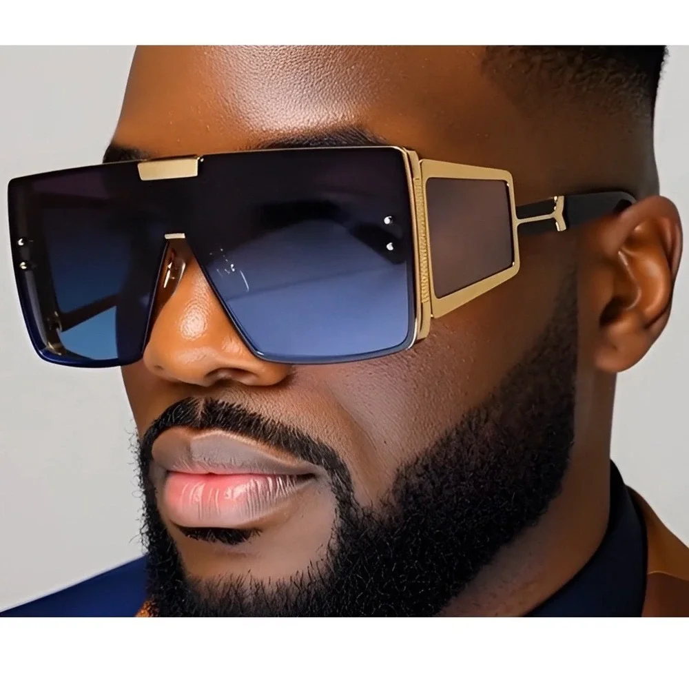 Sunglasses Men Blue Gradient Lens Oversized Rectangular Metal Hip Hop Cholo 2026